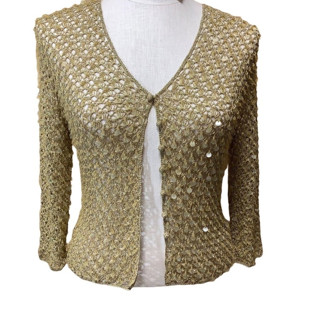Vintage Y2K Carmen Marc Valvo Gold‎ Metallic Sequin Knit Cardigan Sweater Medium